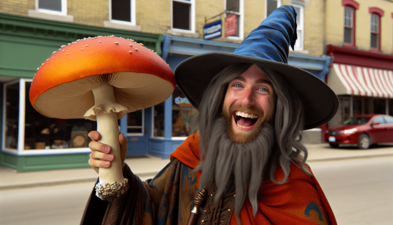 photograph of a cosplaying wizard holding a giant mushroom with a scenic landscape of Yorkton